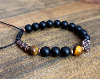 Adjustable Matte Black Onyx Rosary Bracelet - Religious Bracelet - Saint Benedict Bracelet - Religious Gifts - Black Onyx Tigers eye Beads