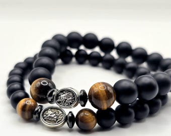 Pulsera de cuentas de ónix negro mate de San Miguel, protectora, pulsera religiosa, pulsera de ojo de tigre, piedras preciosas naturales - Medalla de doble cara