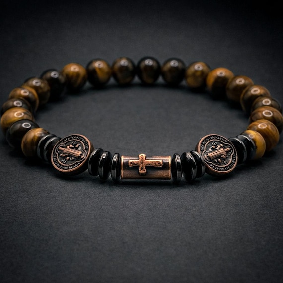 Saint Benedict Bracelet | Tiger Eye Bracelet | Catholic Protection Bracelet | Cross Beaded Bracelet | Hematite Bracelet | Mens Womens Gift