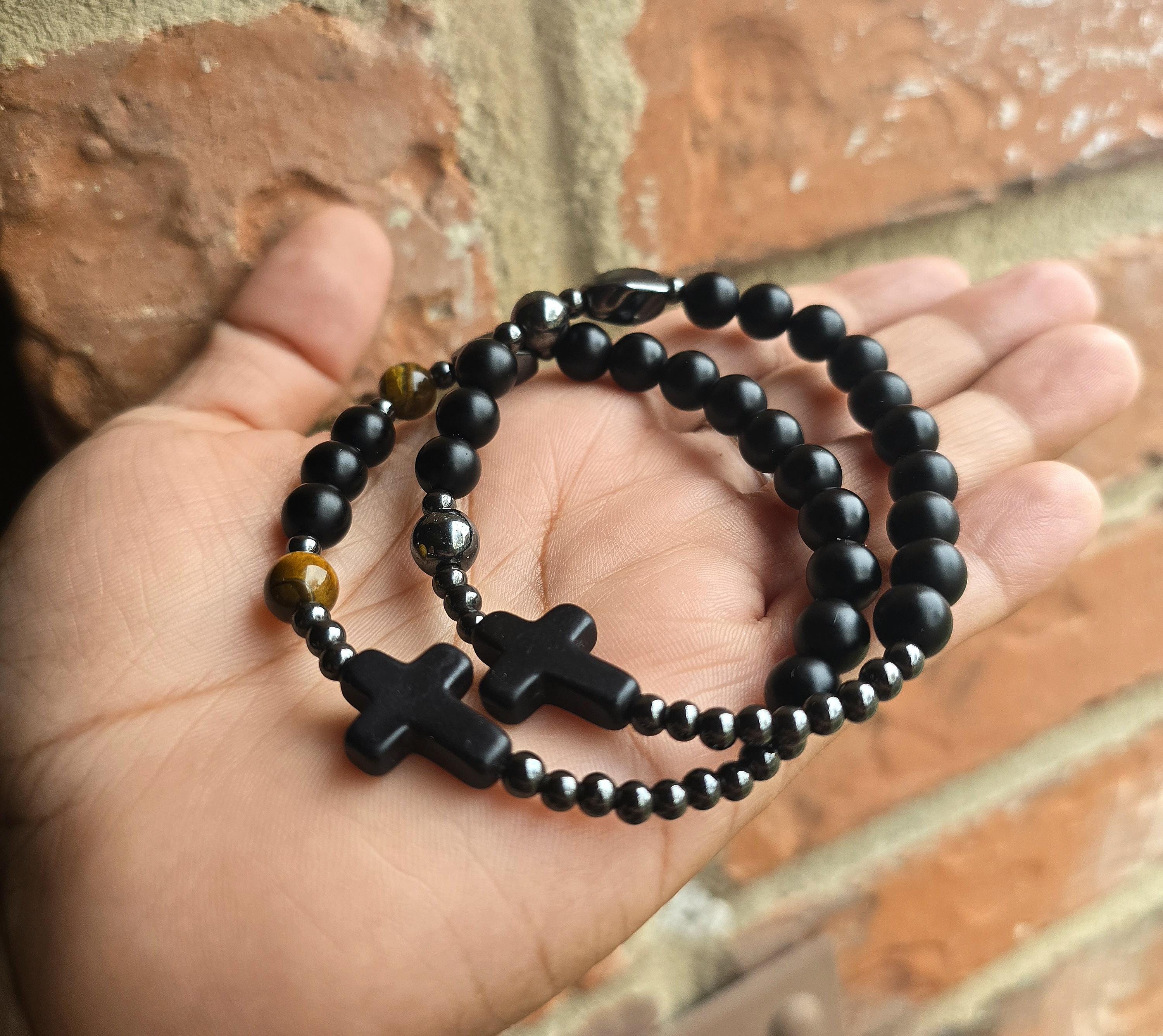 Rosary Bracelet with Tigers Eye, Matte Black Onyx & Hematite | Natural Gemstone Decade Rosary Bracelet | Catholic Prayer Jewelry Black Cross