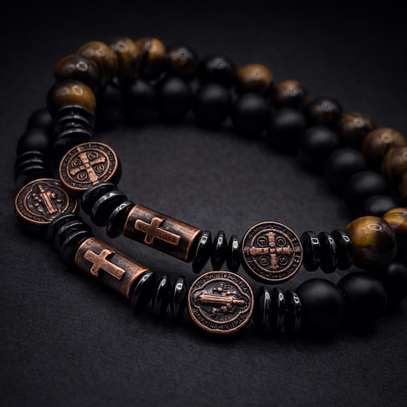 Saint Benedict Bracelet | Black Onyx Bracelet | Catholic Protection Bracelet | Cross Beaded Bracelet | Hematite Bracelet | Mens Womens Gift