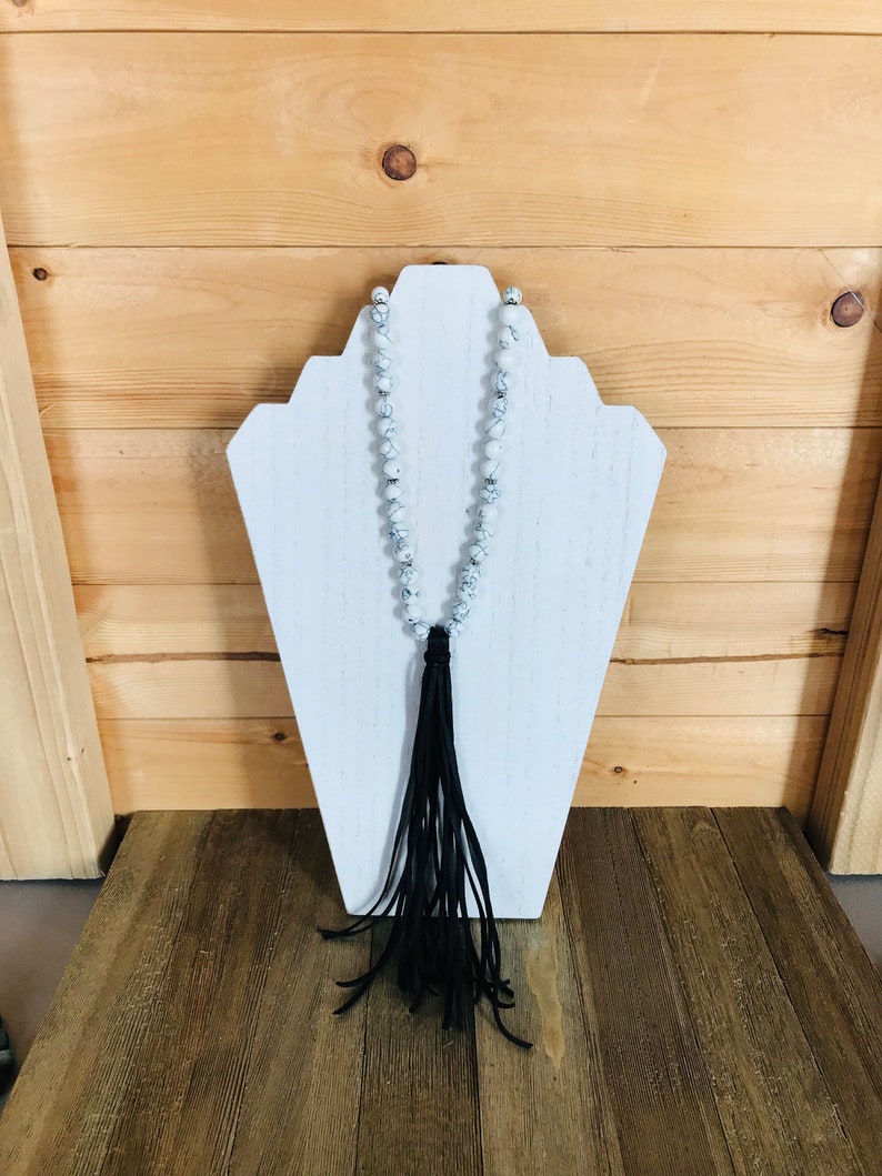 White Howlite Stone Bead Necklace with Leather Fringe Tassel