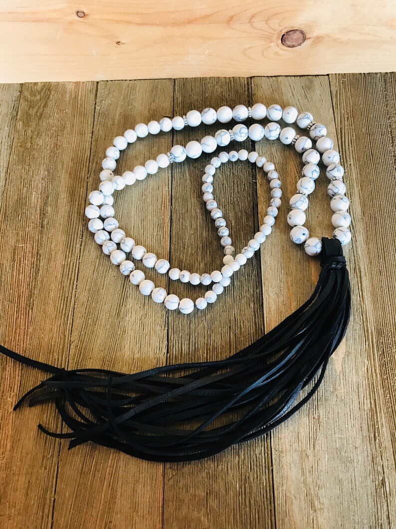 White Howlite Stone Bead Necklace with Leather Fringe Tassel