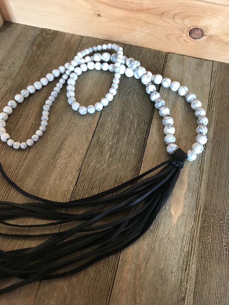 White Howlite Stone Bead Necklace with Leather Fringe Tassel