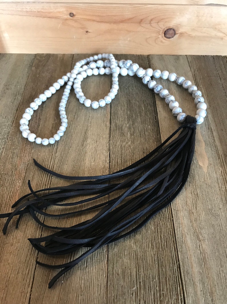 White Howlite Stone Bead Necklace with Leather Fringe Tassel