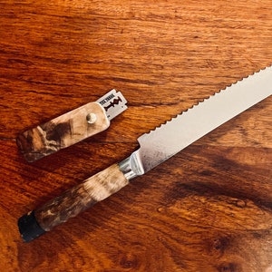 Custom San Mai Damascus Japanese Bread knife Figured Walnut Handle and matching Bread Lame