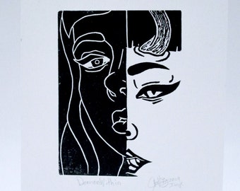 Demon Within - Linocut Print on Rice Paper - Girl Female Demon Original Illustration