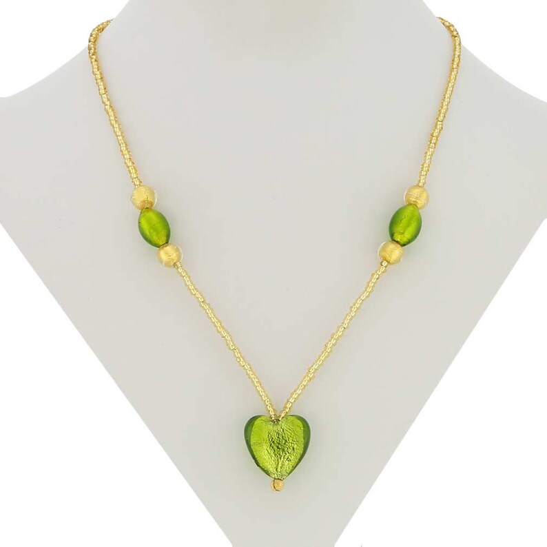 Glassofvenice Murano Glass Heart Gold Foil Necklace Lime - Etsy