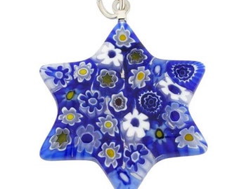 GlassOfVenice Murano Glass Millefiori Star Of David Pendant - Blue