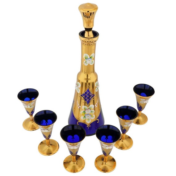 GlassOfVenice Set of Two Murano Glass Wine Glasses 24K Gold Leaf - Blue 