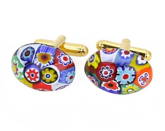 GlassOfVenice Murano Glass Millefiori Oval Cufflinks
