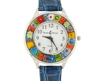 GlassOfVenice Serena Murano Millefiori Watch With Leather Band - Blue