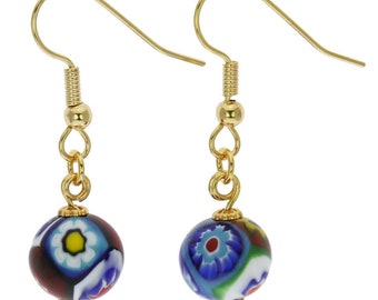 GlassOfVenice Murano Glass Mosaic Millefiori Ball Earrings - Gold