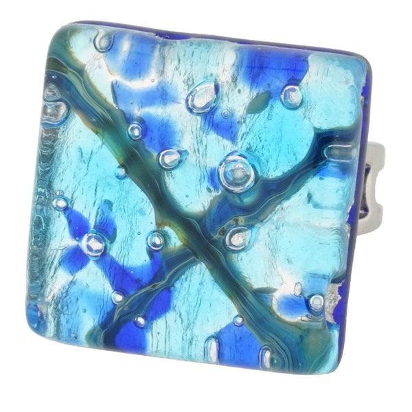 GlassOfVenice Murano Glass Venetian Reflections Square Adjustable Ring - Aqua Blue