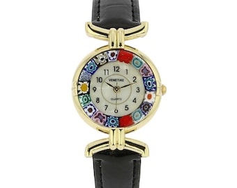 GlassOfVenice Murano Glass Millefiori Watch with Leather Band - Black Multicolor