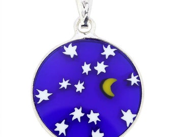 GlassOfVenice Murano Glass Millefiori Pendant "Starry Night" in Silver Frame 3/4"