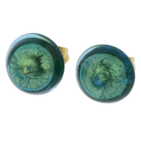 GlassOfVenice Murano Glass Button Stud Earrings - Aqua Gold