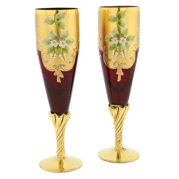 Set of Two Murano Glass Wine Glasses 24K Gold Leaf - Red