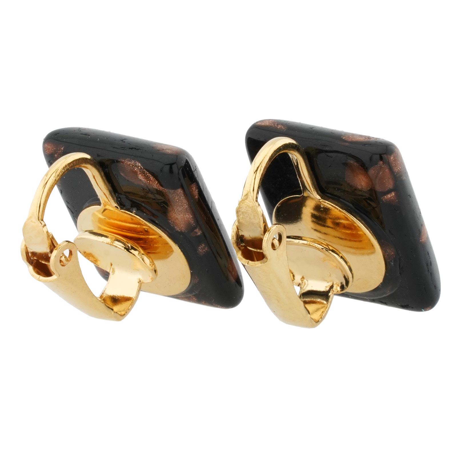 GlassOfVenice Orecchini A Clip In Vetro Di Murano - Rettangolari Cabochon Nero Con Cristalli