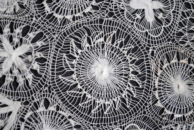 May include: Close-up of white lace fabric with a detailed, openwork design. The lace features circular and floral patterns against a dark background. The intricate texture and delicate craftsmanship are highlighted.