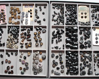 Victorian  Collection Of Fancy Black Glass Buttons Various Sizes And Patterns