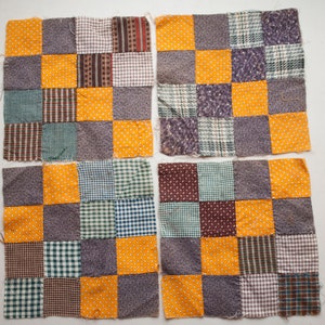 May include: Four patchwork squares, each composed of nine smaller squares. The squares feature a variety of fabrics in colors like mustard yellow, gray, green, and brown, with patterns including polka dots, checks, and stripes. The edges are unfinished.