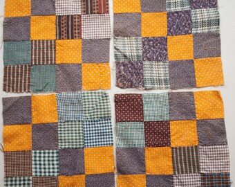 Antique 1870s Quilt Squares Quilt Blocks - 16 Patch Pattern - Hand Stitched Patchwork Squares - Set of 4 Blocks