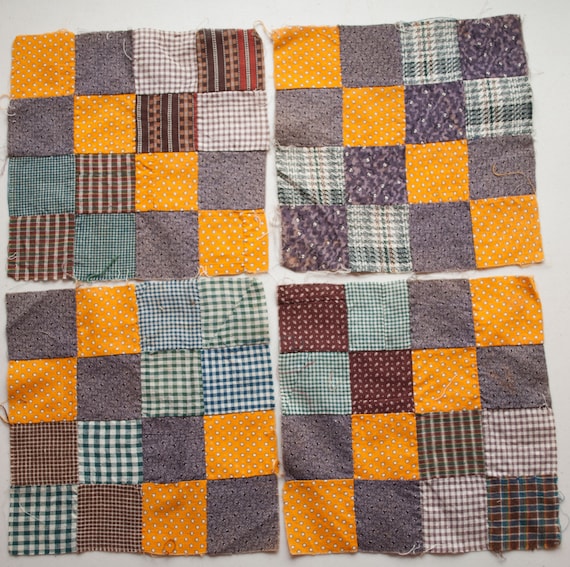 Antique 1870s Quilt Blocks: Hand-Stitched 16 Patch Pattern, Set of 4