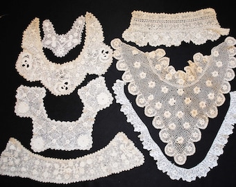 Irish Crochet Collar Lace Lot , 19th Century, 7 Pieces