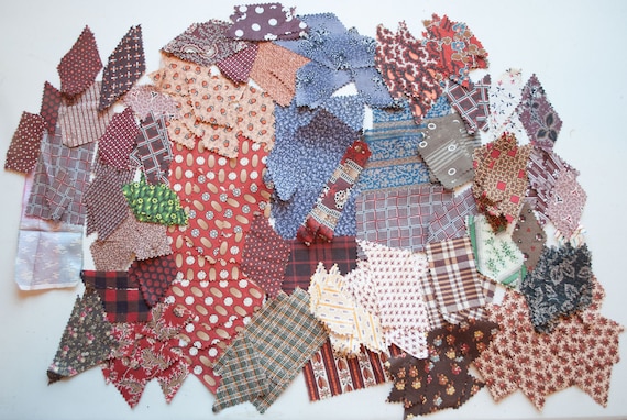 Antique 1870s Calico Fabric 229 Pieces  - Various Pre Cut Patchwork Pieces