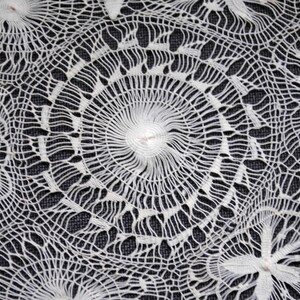 May include: Close-up of white lace fabric with a detailed, openwork design. The lace features circular and floral patterns, creating a delicate and intricate texture. The background is a dark, contrasting color, highlighting the lace's details.