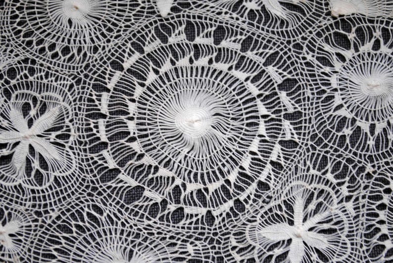 May include: Close-up of white lace fabric with a detailed, openwork design. The lace features circular and floral patterns, creating a delicate and intricate texture. The background is a dark, contrasting color, highlighting the lace's details.