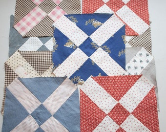 Antique Quilt Squares Quilt Blocks - Mountain Peak Pattern - Hand Stitched Quilt Squares - Set of 9 Blocks