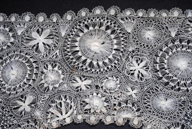 May include: Close-up of white lace fabric with intricate floral and circular patterns. The lace features a scalloped edge and detailed openwork designs, creating a delicate and textured appearance. The background is dark, highlighting the lace's details.