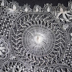May include: Close-up of white lace with intricate floral and geometric patterns. The lace features circular and star-like designs, with a delicate, open weave. The background is a dark, textured fabric, highlighting the lace's details.