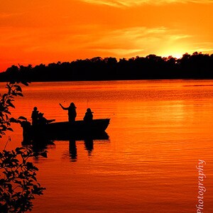 Wisconsin Sunset Family Fishing Photo Photograph DIGITAL download Poster Orange Country Fine Art Wall Hanging Sunrise boat Silhouette Nature