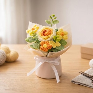 Crochet Flower Bouquet – Handmade Yellow Forever Flowers, Mother’s Day Gift for Mum