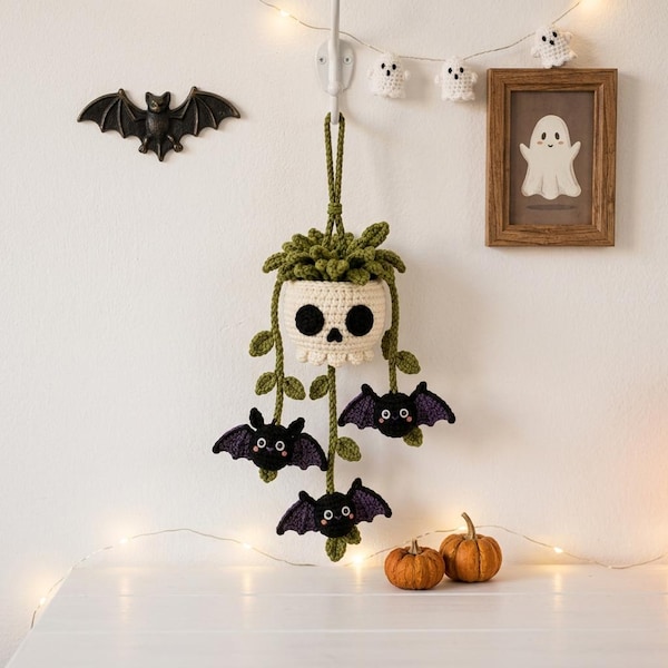 Crochet Skull Planter Car Charm, Halloween Rearview Mirror Hanger, Gothic Bat Decor Gift