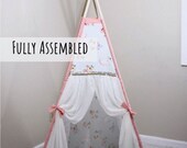 Floral and pink swan girl teepee - blush baby pink princess canvas tent - smash cake photo shoot or nursery decor