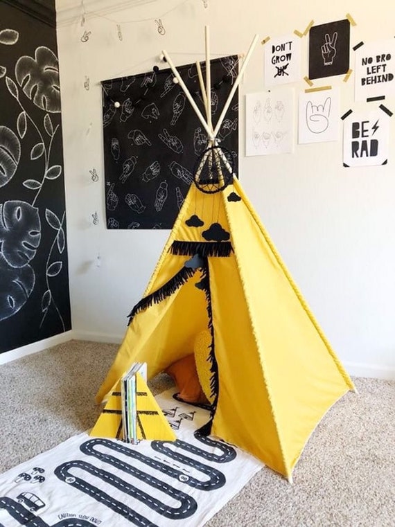 Yellow Black Fringe Teepee Bright Kids Play Tent Colorful Childrens Bedroom Or Playroom Decor Toddler Birthday Gift Children Fort