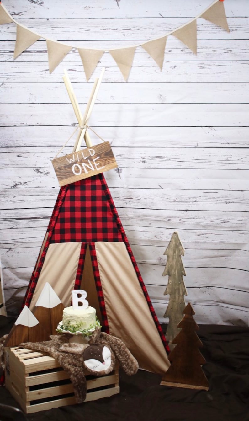 wild one birthday prop cabin camping decor Boys Buffalo Check Teepee tent for toddlers woodland nursery or baby shower decor