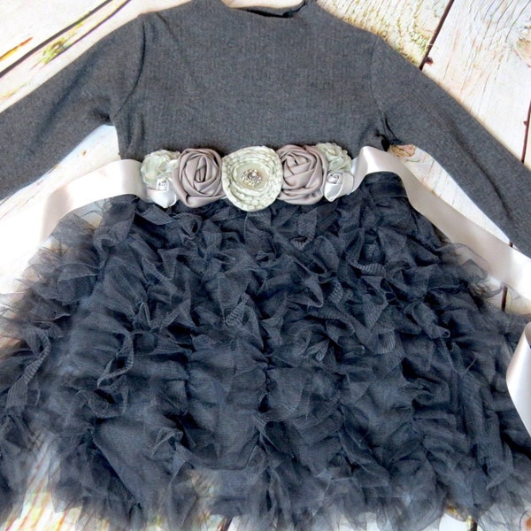 Soft Travel Dress, Cotton Jersey & Tulle, READY to SHIP, 2T, 3T, and 4T GREY Girl's Dress, Grey Tutu Dress, Fluffy Tulle, All Occasion