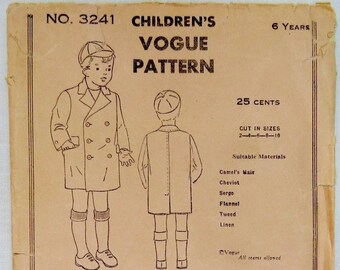 Vintage Vogue Children's Pattern 3241, CUT, Children's 6 Years, Copyright 1932, Boy's Coat, Boy Winter Coat, Unmarked Pattern Pieces