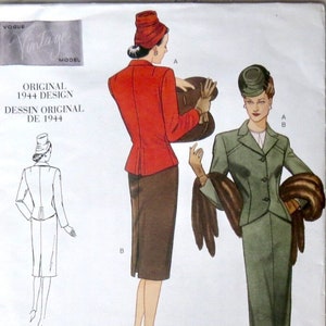 REPRODUCTION Vogue Original Design 1944, Pattern V2885, Sizes 6, 8, 10, and 18, 20, 22, FACTORY FOLDED, Handsome Suit, Jacket & Skirt