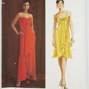 May include: A sewing pattern featuring two dress designs. One is a strapless, floor-length red gown with a draped front. The other is a yellow knee-length dress with spaghetti straps and a bow detail. The pattern is labeled V2847 by Tom and Linda Platt.