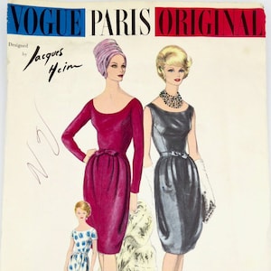 May include: Vintage Vogue Paris Original sewing pattern designed by Jacques Heim. The pattern is for a dress and features two models wearing different versions of the dress. The pattern number is 1047.
