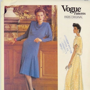 Vogue Paris Original, Schnitt 1503, Size 10, CHLOE, 1985, Factory Folded, Ausgestelltes Kleid, Lange oder Kurze Ärmel, Drapierter Ausschnitt