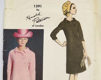 Vogue Couturier Design, Pattern 1391, Sizes 10 & 14, Ronald PATERSON of London, 1960s, Dress, one FF, one CUT Complete, Asymmetrical Dress