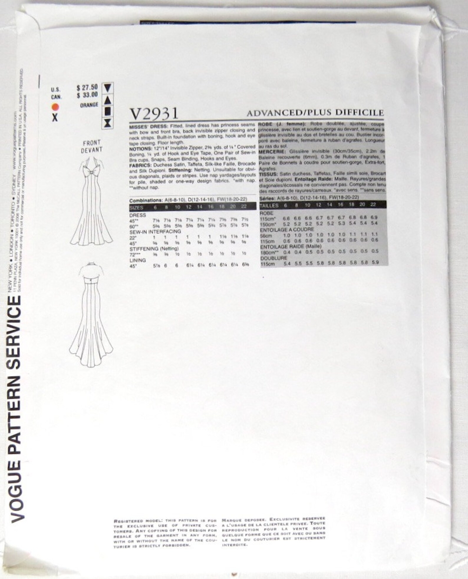 Vogue Designer Original, Pattern V2931, Sizes 12 14 16 and 18 20 22 ...