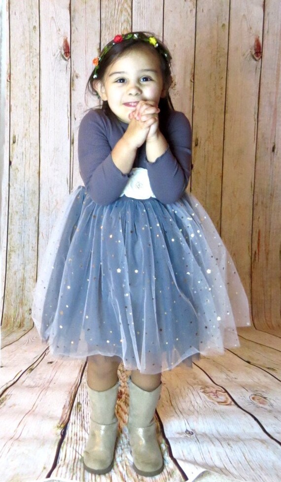 Girl's Brown Cotton Jersey Tulle Dress, Stars Moons Skirt, Size 2T